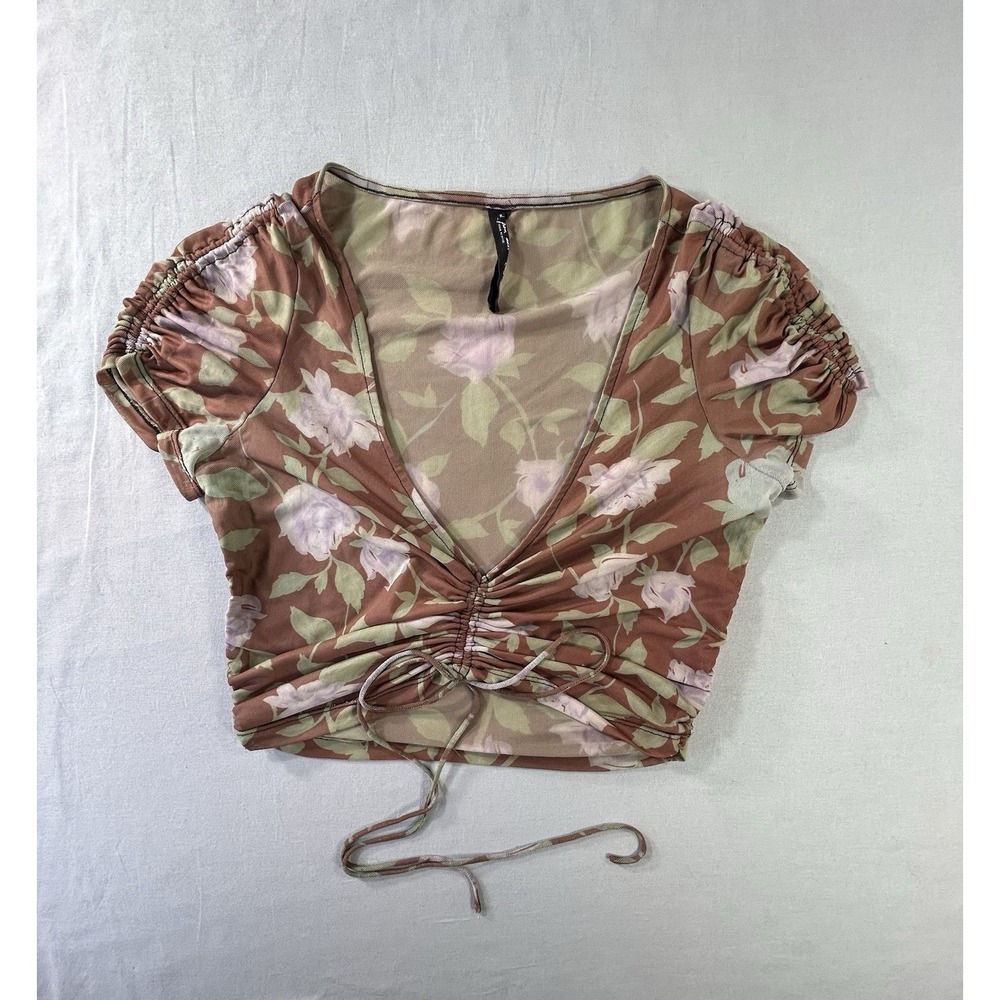 Urban Outfitters Women's Large Out From Under Ruched Mesh Sheer Floral Crop Top